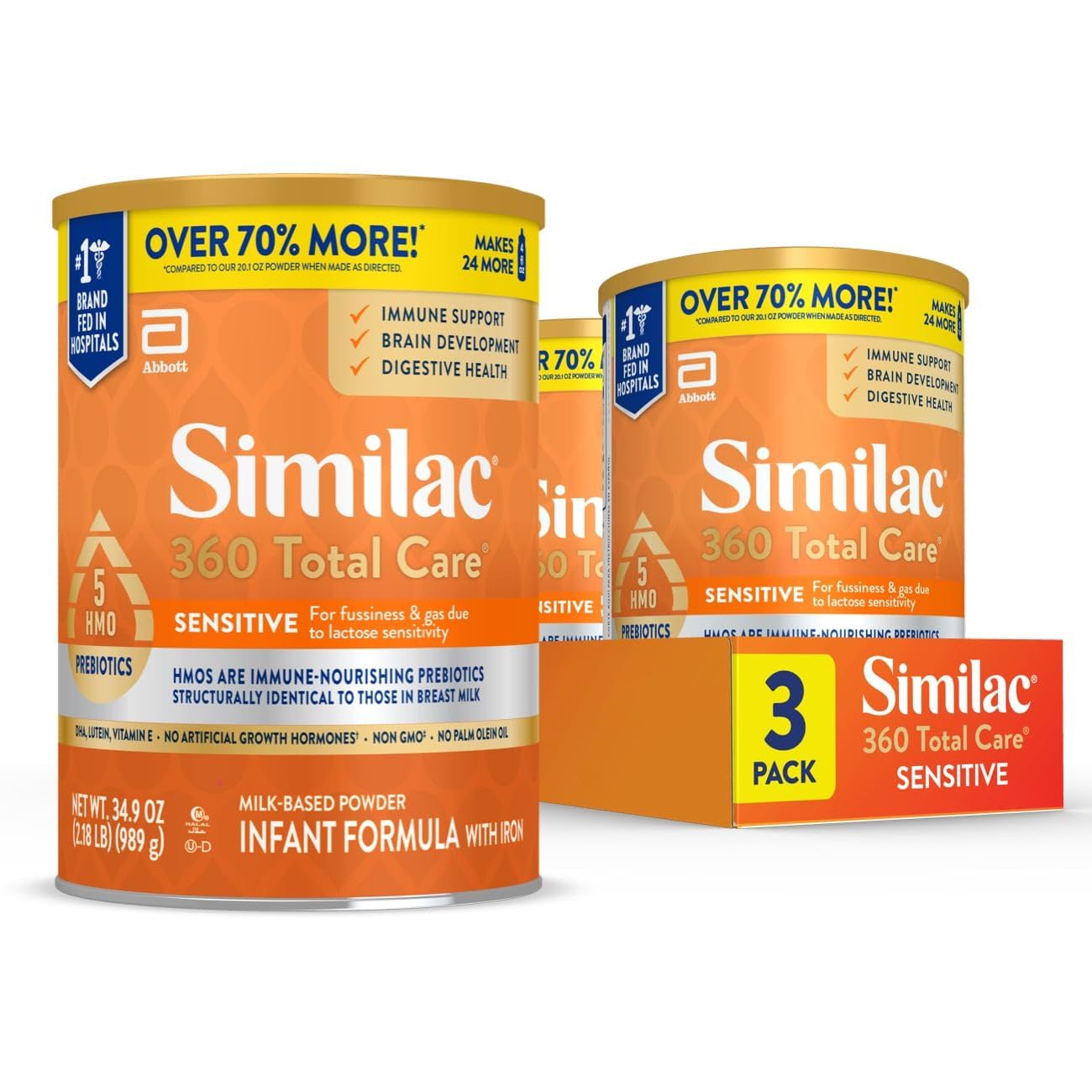 Similac 360 Total Care Sensitive Infant Formula for Fussiness  Gas Due to Lactose Sensitivity, Has 5 HMO Prebiotics, Non-GMO, Baby Formula Powder, 34.9-oz Value Can, Pack of 3