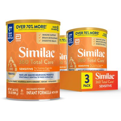 Similac 360 Total Care Sensitive Infant Formula for Fussiness  Gas Due to Lactose Sensitivity, Has 5 HMO Prebiotics, Non-GMO, Baby Formula Powder, 34.9-oz Value Can, Pack of 3
