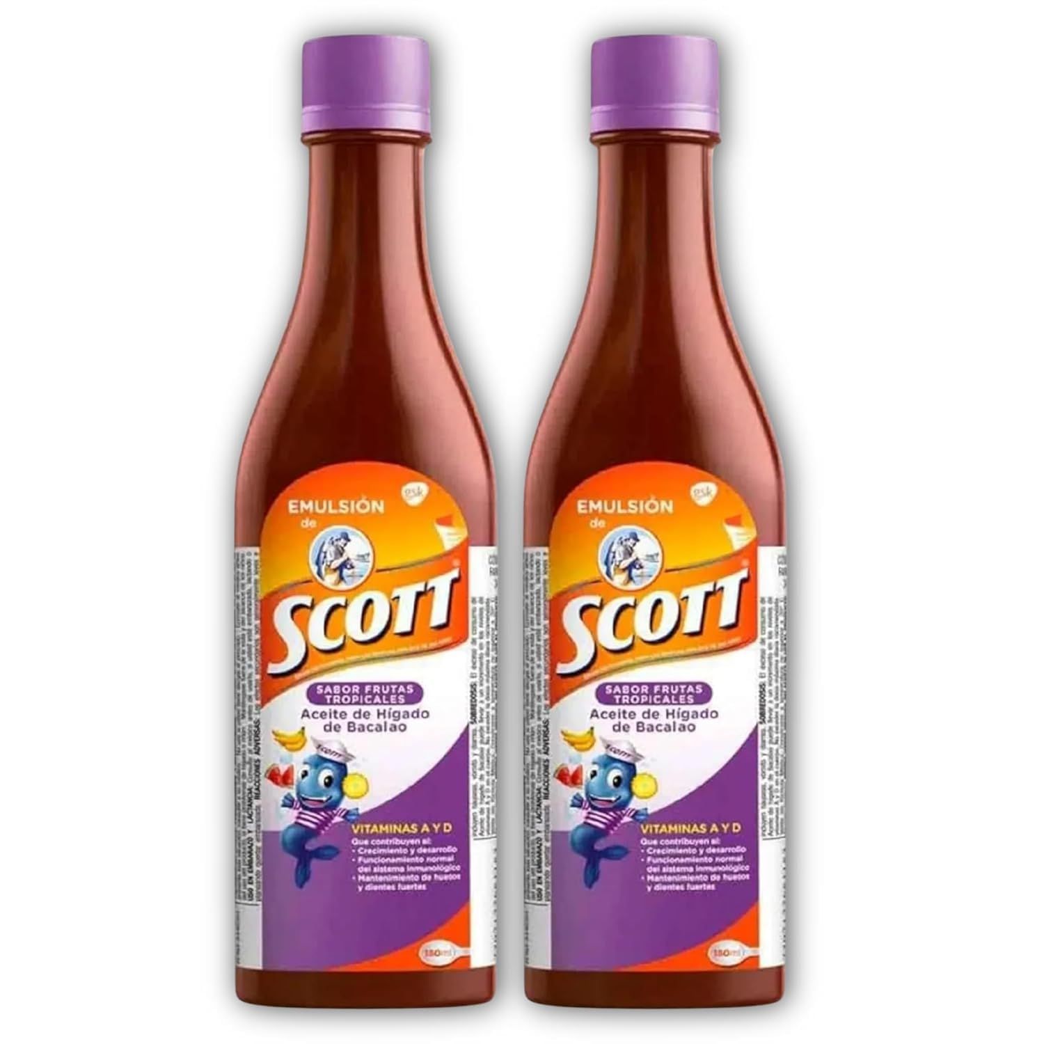 YAHVE - Emulsion de Scott Aceite de hgado de bacalao sabor Frutas Tropicales Pack de 2 de 6.1 fl oz - 180 ml - Suplemento diettico para nios con vitamina A y Calcio -