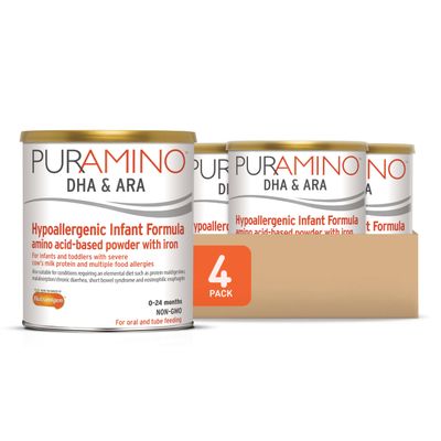 PurAmino Hypoallergenic Infant Drink, for Severe Food Allergies, Omega-3 DHA, Iron, Immune Support, Powder Can, 14.1 Oz (4 Count)