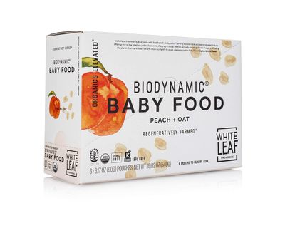 White Leaf Provisions Biodynamic Organic Baby Food Snacks - Peach Oat Unsweetened Baby Puree Pouches - Squeezable Baby Food Toddler Snack - 6 x 90g Organic Fruit Pouches