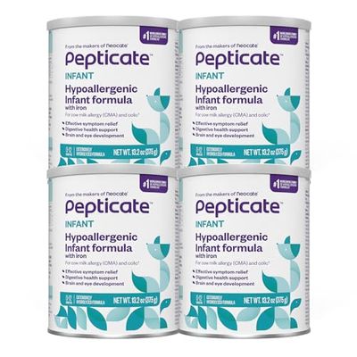 Pepticate Baby Formula, Hypoallergenic Powdered Infant Formula for Cow Milk Allergy, with Omega 3 DHA, ARA, Iron  Prebiotics, 13.2oz (Pack of 4)