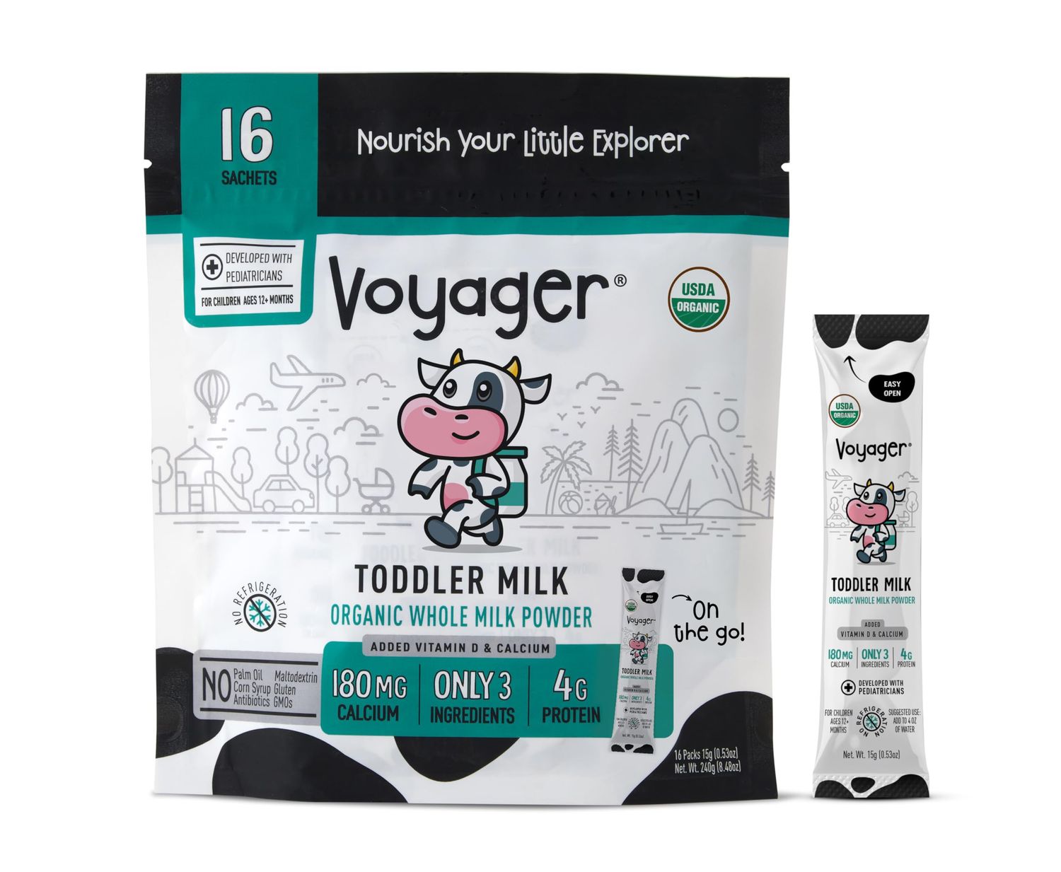Voyager Toddler Milk On The Go, USDA Organic Shelf Stable Whole Milk Powder, Great for Travel, No Refrigeration, Gluten Free with No GMO&#39;s and No Antibiotics for Kids, 16 Sachets of 15g