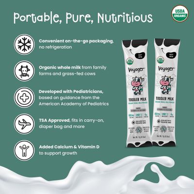 Voyager Toddler Milk On The Go, USDA Organic Shelf Stable Whole Milk Powder, Great for Travel, No Refrigeration, Gluten Free with No GMO's and No Antibiotics for Kids, 16 Sachets of 15g