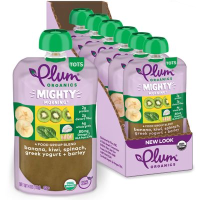 Plum Organics Mighty Morning Organic Toddler Food - Banana, Kiwi, Spinach, Greek Yogurt, and Barley - 4 oz Pouch (Pack of 6) - Organic Fruit and Vegetable Toddler Food Pouch