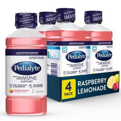 Pedialyte with Immune Support Electrolyte Solution, Raspberry Lemonade, Hydration Drink with Zinc, Selenium, and Magnesium, 1 Liter, Pack of 4