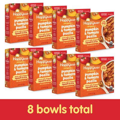 Happy Baby Organics Baby Food, Advancing Textures Bowl Pumpkin  Tomato Paella Puree with Chopped Squash  Orzo, 4 Oz (Pack of 8)