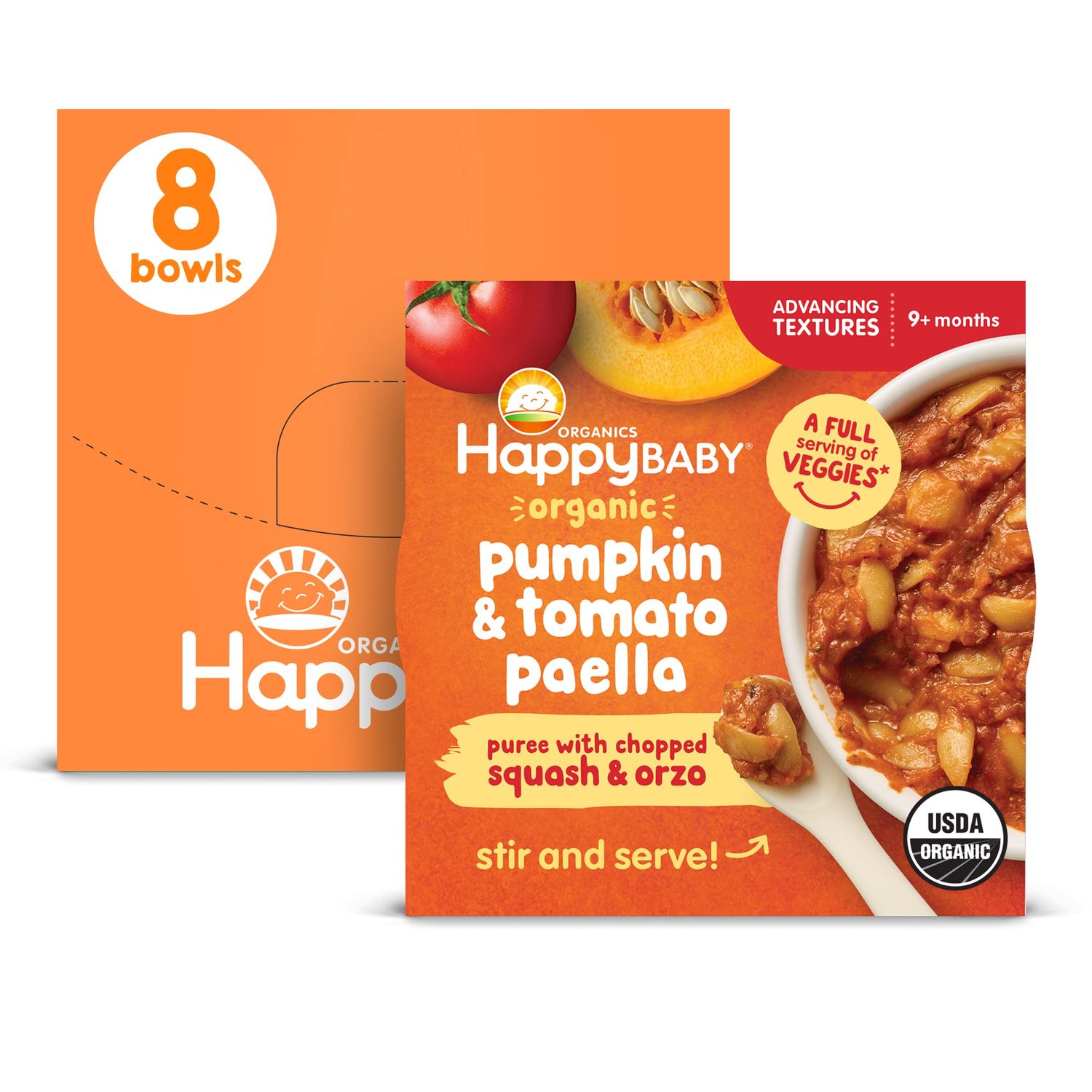 Happy Baby Organics Baby Food, Advancing Textures Bowl Pumpkin  Tomato Paella Puree with Chopped Squash  Orzo, 4 Oz (Pack of 8)