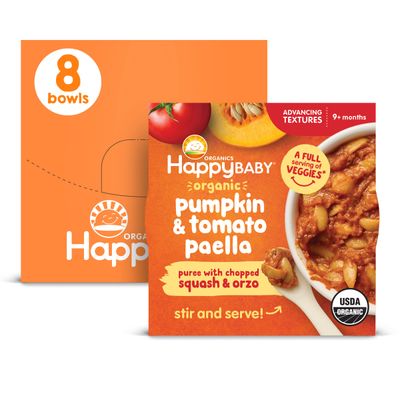 Happy Baby Organics Baby Food, Advancing Textures Bowl Pumpkin  Tomato Paella Puree with Chopped Squash  Orzo, 4 Oz (Pack of 8)