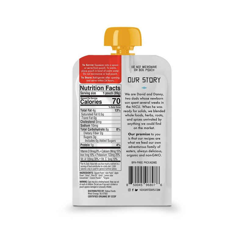 Kekoa Foods 100 Organic Vegetarian Baby Food Puree - Gluten-Free, Vegan, 3.5 oz Squeeze Pouch (Squash  Kale with Turmeric, 6 pack)