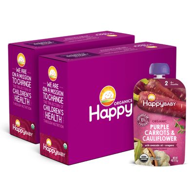Happy Baby Organics Savory Blends Stage 2 Baby Food, Purple Carrots  Cauliflower with Avocado Oil  Oregano, 4 Ounce Pouch (Pack of 16) packaging may vary