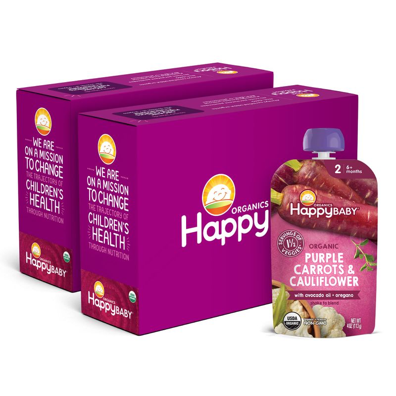 Happy Baby Organics Savory Blends Stage 2 Baby Food, Purple Carrots  Cauliflower with Avocado Oil  Oregano, 4 Ounce Pouch (Pack of 16) packaging may vary
