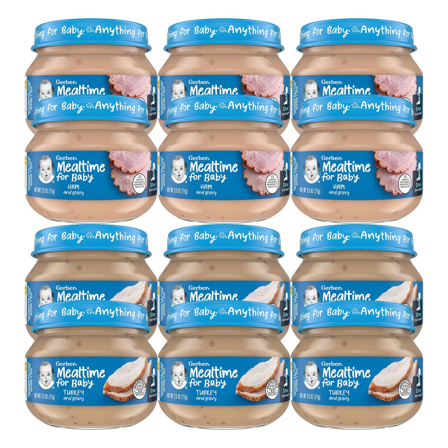 Gerber 2nd Foods Mealtime for Baby Pureed Baby Food Jar Variety Pack, 6 Ham  Gravy Jars, 6 Turkey  Gravy Jars, 2.5 Ounce Jars (12 CT)