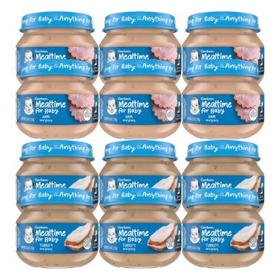 Gerber 2nd Foods Mealtime for Baby Pureed Baby Food Jar Variety Pack, 6 Ham  Gravy Jars, 6 Turkey  Gravy Jars, 2.5 Ounce Jars (12 CT)