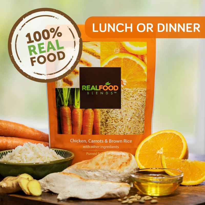 Real Food Blends Chicken, Carrots  Brown Rice - Pureed Food Meal for Feeding Tubes, 9.4 oz Pouch (Pack of 12 Pouches)