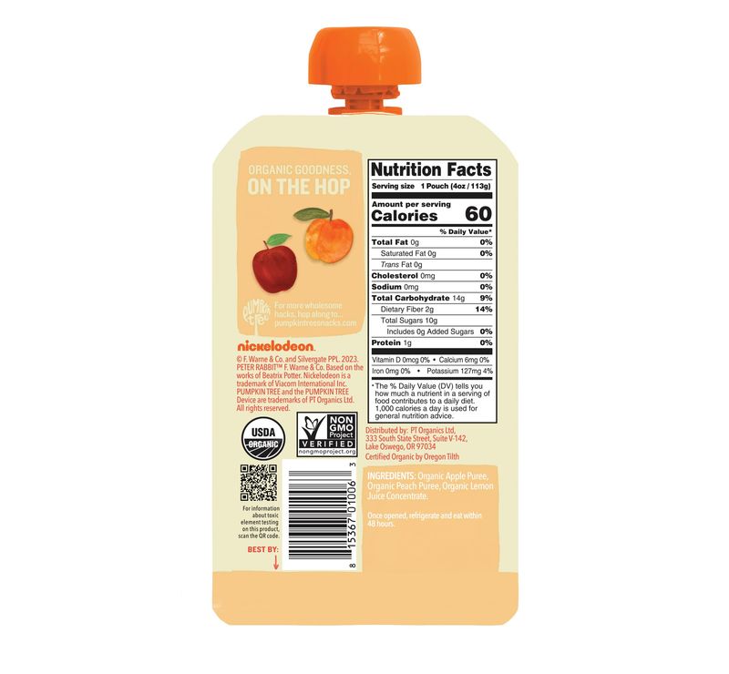 Pumpkin Tree Peter Rabbit Organics Apple and Peach, Fruit Snack Squeeze Pouch, 4 Ounce (Pack of 10)