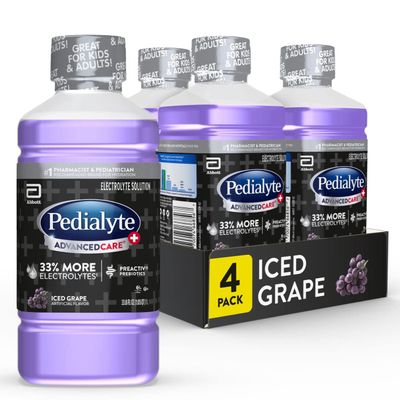 Pedialyte AdvancedCare Pedialyte AdvancedCare Plus Electrolyte Drink with 33 More Electrolytes and Has PreActiv Prebiotics, Iced Grape, 1 Liter, 4 Count