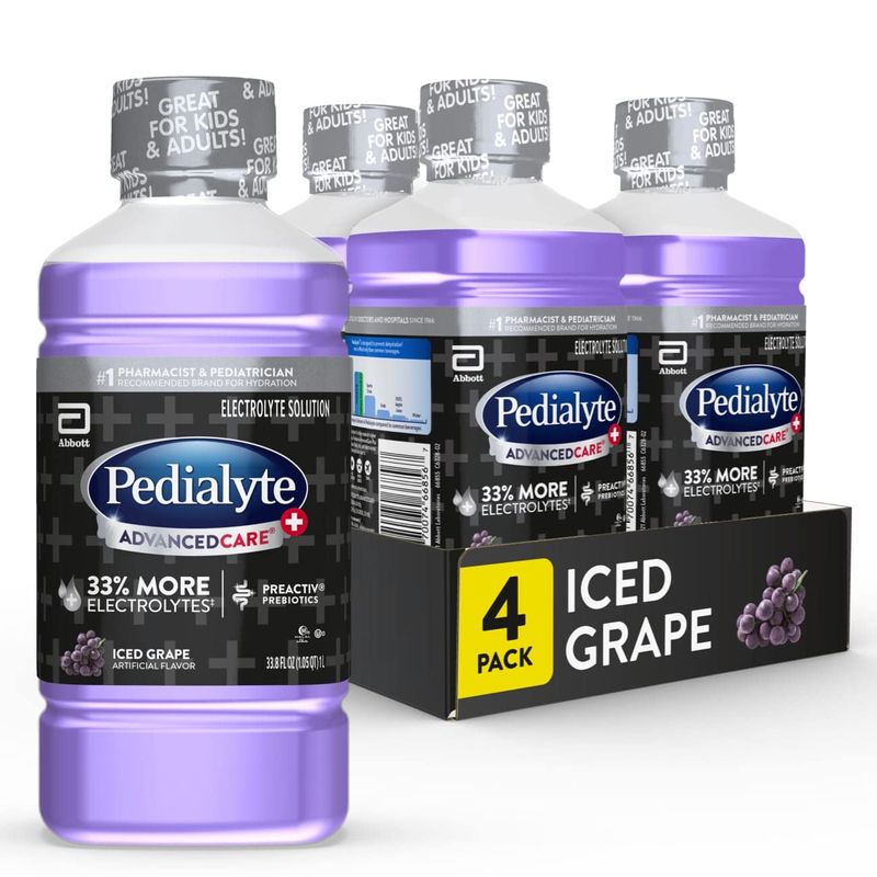 Pedialyte AdvancedCare Pedialyte AdvancedCare Plus Electrolyte Drink with 33 More Electrolytes and Has PreActiv Prebiotics, Iced Grape, 1 Liter, 4 Count