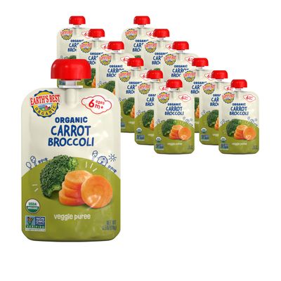 Earth&#39;s Best Organic Baby Food Pouches, Vegetable Puree for Babies 6 Months and Older, Organic Carrots and Broccoli Puree, 3.5 oz Resealable Pouch (Pack of 12) (Packaging May Vary)