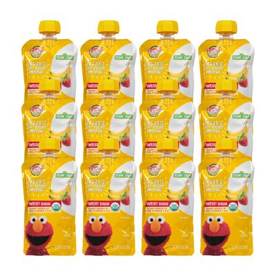 Earth&#39;s Best Organic Kids Snacks, Sesame Street Toddler Snacks, Organic Fruit Yogurt Smoothie for Toddlers 2 Years and Older, Strawberry Banana, 4.2 oz Resealable Pouch (Pack of 12)