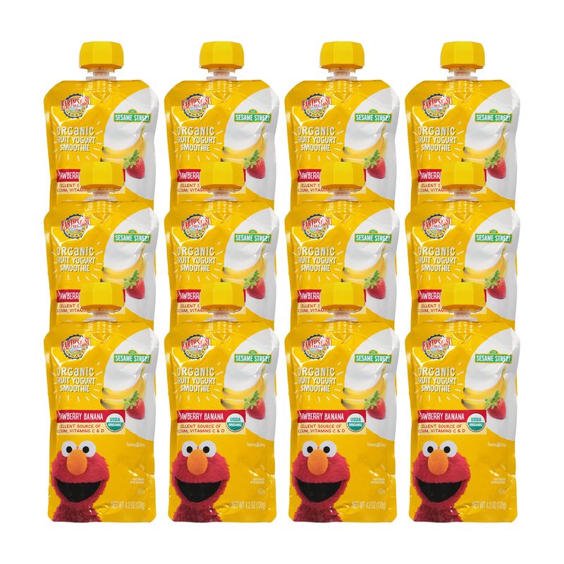 Earth&#39;s Best Organic Kids Snacks, Sesame Street Toddler Snacks, Organic Fruit Yogurt Smoothie for Toddlers 2 Years and Older, Strawberry Banana, 4.2 oz Resealable Pouch (Pack of 12)