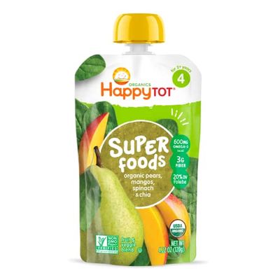 Happy Tot Organics Stage 4 Baby Food Pouches, Gluten Free, Vegan Snack, SuperFoods Fruit  Veggie Puree, Pears, Mango, Spinach  Chia, 4.22 Ounce (Pack of 1)