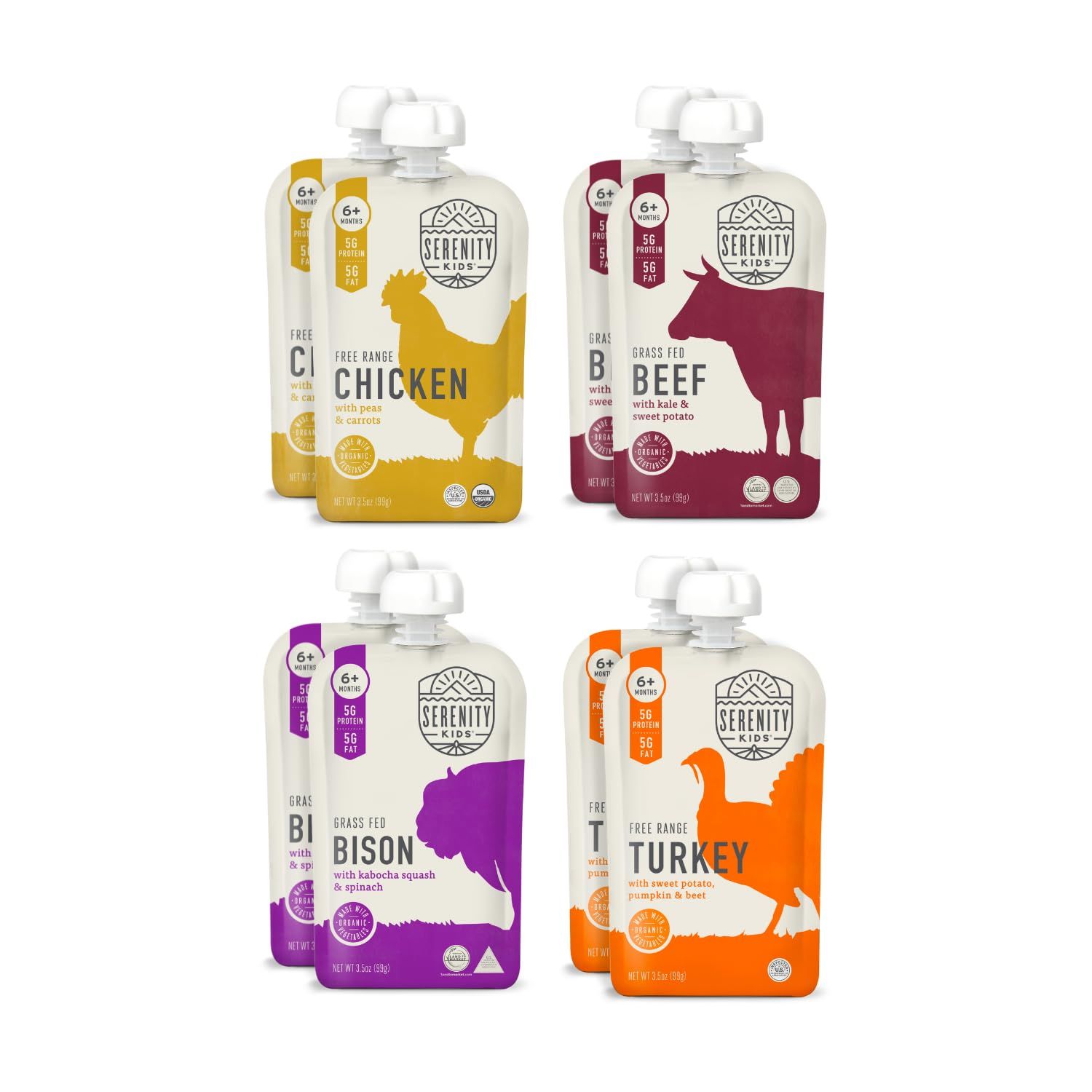 Serenity Kids 6 Months Baby Food Pouches Puree Made with Ethically Sourced Meats  Organic Veggies - 3.5 Ounce BPA-Free Pouch - Variety Pack - Baby Puree - 8 Count - Baby Food Meat