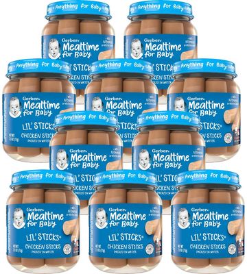 Gerber Mealtime for Baby Lil Sticks, Chicken Sticks, Packed in Water, No Nitrates or Nitrites Added, for Crawlers 10 Months  Up, 2.5 Ounce Jar (Pack of 10 Jars)