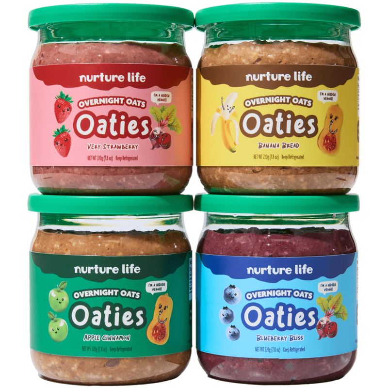 Nurture Life Overnight Oats, Variety Pack, Healthy Snacks for Kids, Nutritious Breakfast for Children wReal Fruit  Hidden Veggies, No Added Sugar, Ready to Eat Meals for Toddlers  Kids, 4 Pack