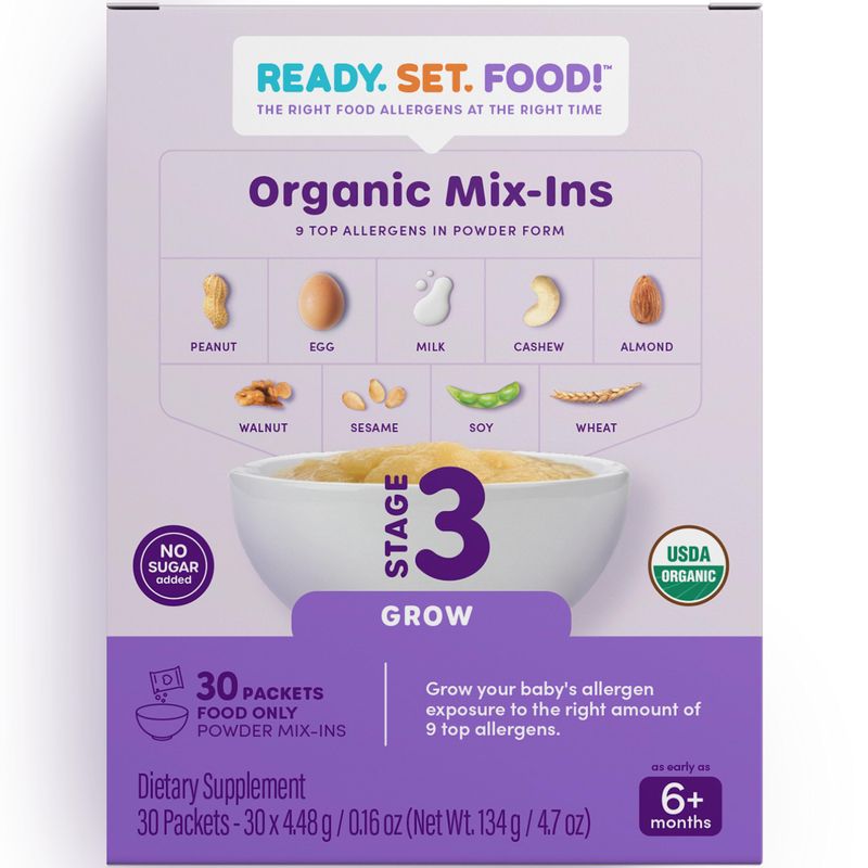 Stage 3 Mix-ins (30 Days) - Safe  Easy Early Allergen Introduction for Babies 6 Months, Mix with Baby Food, With 9 Top Allergens: Organic Peanuts, Egg, Milk, Walnut, Cashew  More By Ready Set Food