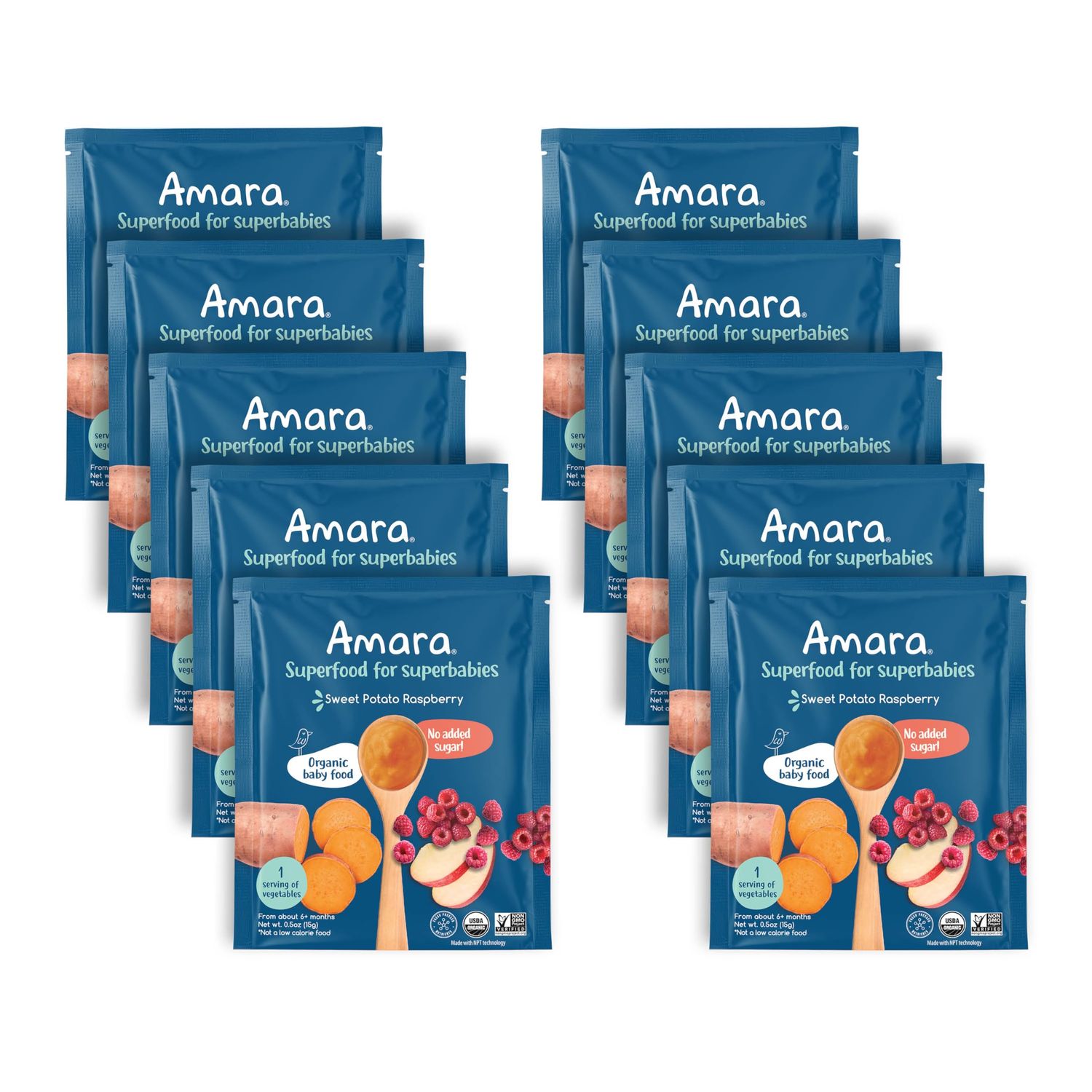 Amara Organic Baby Food - Stage 2 - Sweet Potato Raspberry - Baby Cereal to Mix With Breastmilk, Water - Baby Food Pouches Made from Organic Fruit and Veggies - 10 Pouches, 3.5oz Per Serving