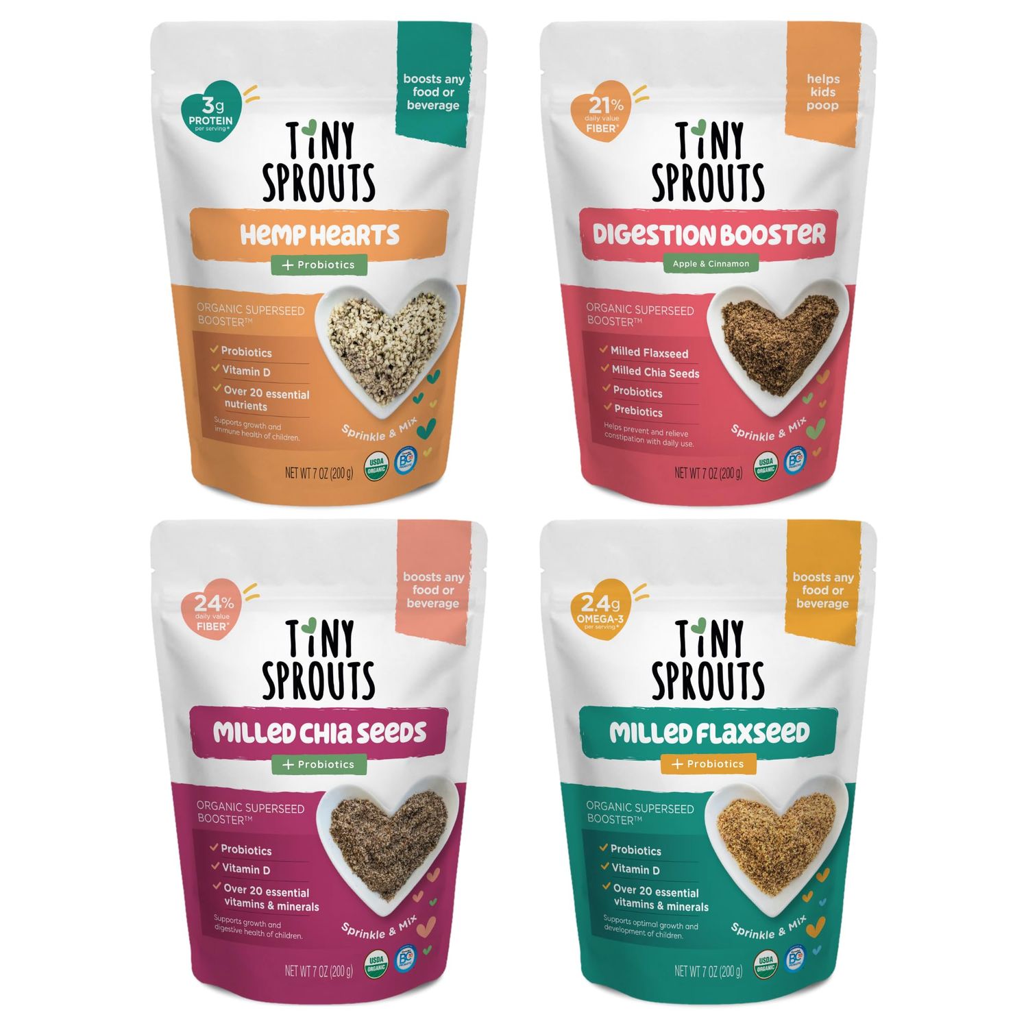 Superseed Variety Pack with Vitamin D  PROBIOTICS, Omega-3s Prebiotic Fiber Protein, Seeds for 6M Babies Toddlers  Kids for Immune  Digestive Support (7oz x 4 Pack - Flax, Chia, Hemp, Blend)