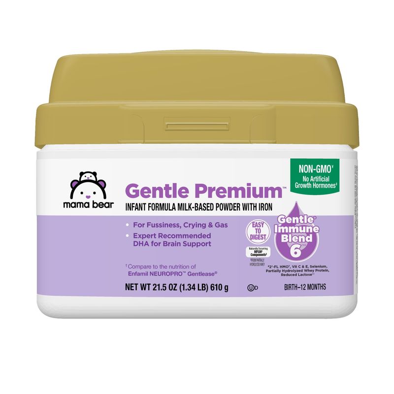 Amazon Brand - Mama Bear Gentle Premium Baby Formula Powder, DHA for Brain Support, Gentle Immune Blend 6, 2&#39;FL HMO, For Fusiness, Crying  Gas, 21.5 oz, 1.34 pound (Pack of 1)