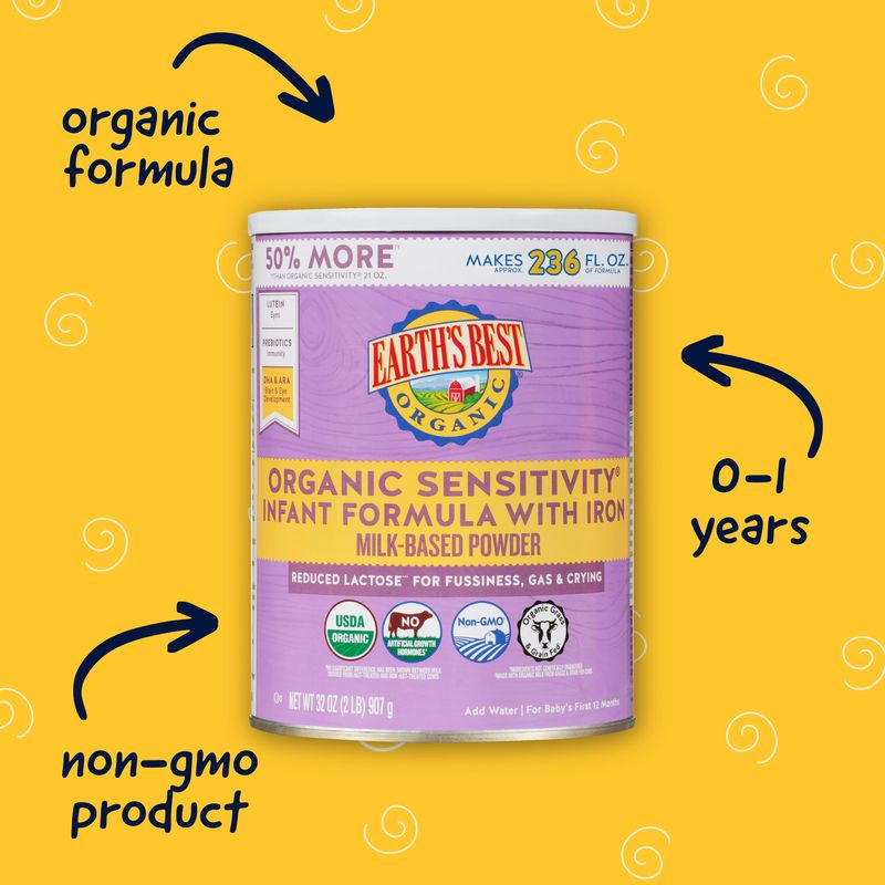 Earth's Best Organic Sensitive Baby Formula for Babies 0-12 Months, Reduced Lactose Powdered Infant Formula with Iron, Omega-3 DHA, and Omega-6 ARA, 32 oz Formula Container
