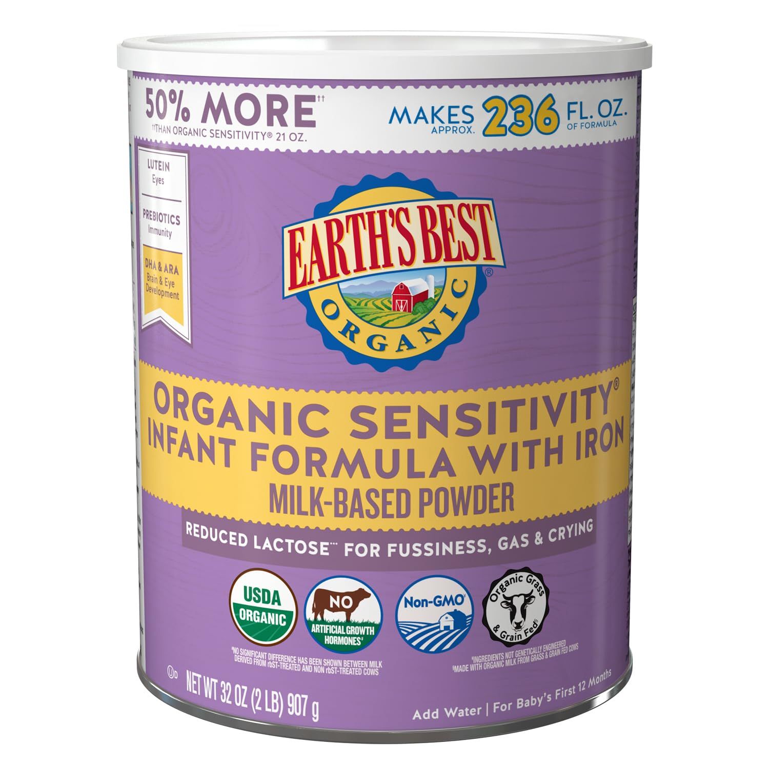 Earth&#39;s Best Organic Sensitive Baby Formula for Babies 0-12 Months, Reduced Lactose Powdered Infant Formula with Iron, Omega-3 DHA, and Omega-6 ARA, 32 oz Formula Container
