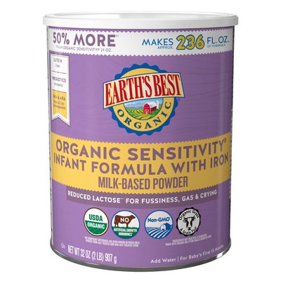 Earth&#39;s Best Organic Sensitive Baby Formula for Babies 0-12 Months, Reduced Lactose Powdered Infant Formula with Iron, Omega-3 DHA, and Omega-6 ARA, 32 oz Formula Container