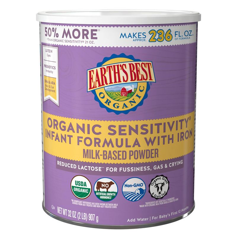 Earth&#39;s Best Organic Sensitive Baby Formula for Babies 0-12 Months, Reduced Lactose Powdered Infant Formula with Iron, Omega-3 DHA, and Omega-6 ARA, 32 oz Formula Container