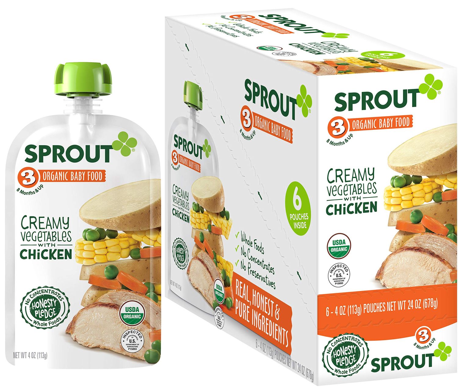 Sprout Organic Baby Food Pouches Stage 3, Creamy Vegetables w Chicken, 4 Pouches (Pack of 6) Creamy Vegetables with Chicken 24 Ounce