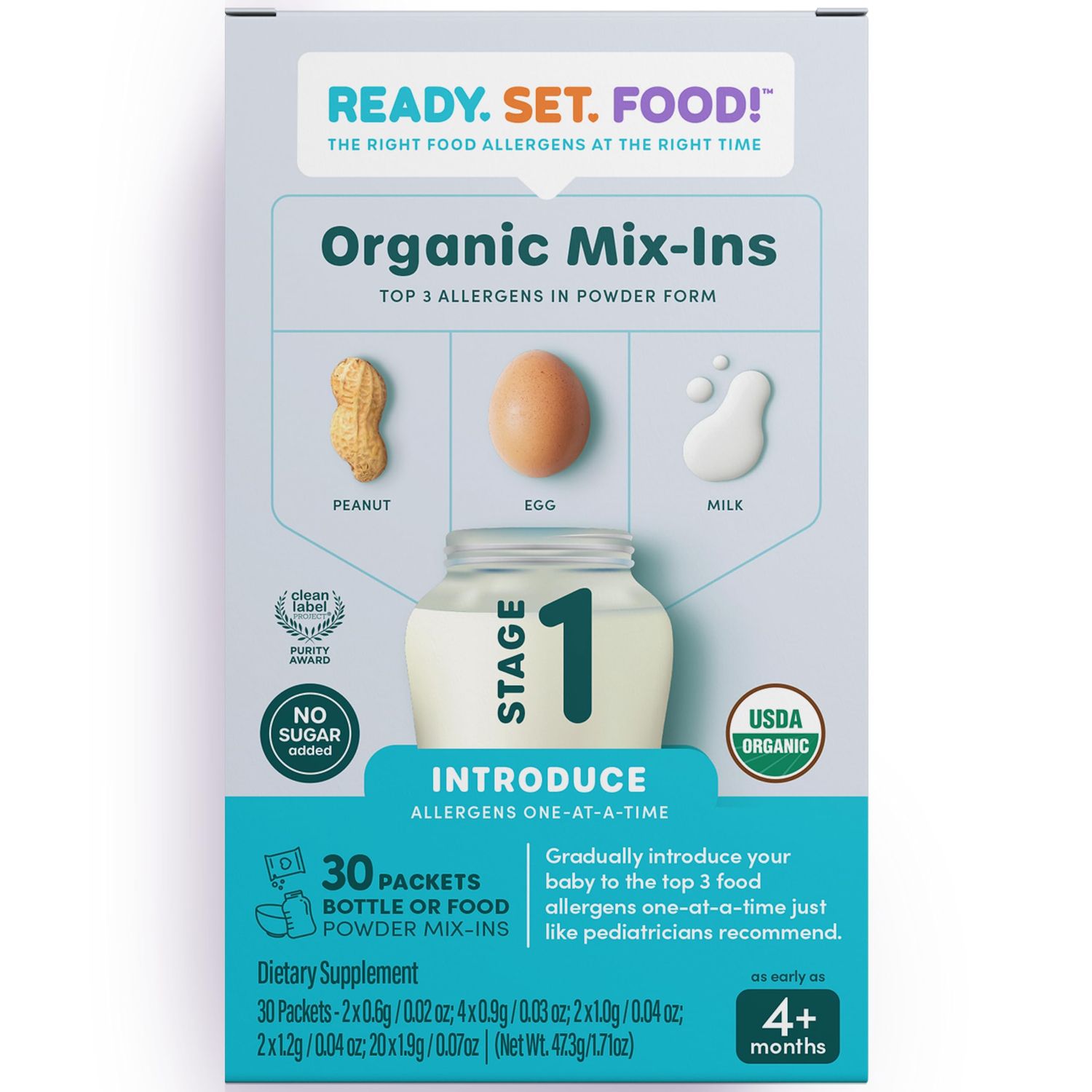 Stage 1 Mix-ins - Safe  Easy Early Allergen Introduction for Babies 4 Months, Mix with Breastmilk, Formula  Baby Food, With 3 Top Allergens: Organic Peanuts, Milk  Eggs By Ready Set Food!(30 Days)