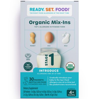 Stage 1 Mix-ins - Safe  Easy Early Allergen Introduction for Babies 4 Months, Mix with Breastmilk, Formula  Baby Food, With 3 Top Allergens: Organic Peanuts, Milk  Eggs By Ready Set Food!(30 Days)
