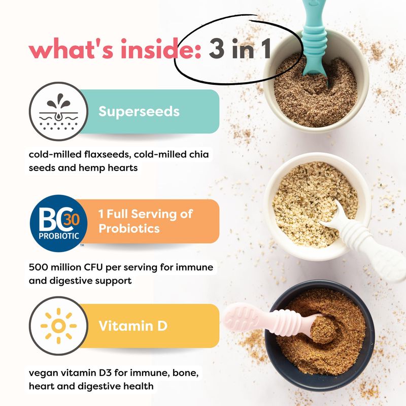 Superseed Variety Pack with Vitamin D  PROBIOTICS, Omega-3s Prebiotic Fiber Protein, Seeds for 6M Babies Toddlers  Kids for Immune  Digestive Support (7oz x 4 Pack - Flax, Chia, Hemp, Blend)