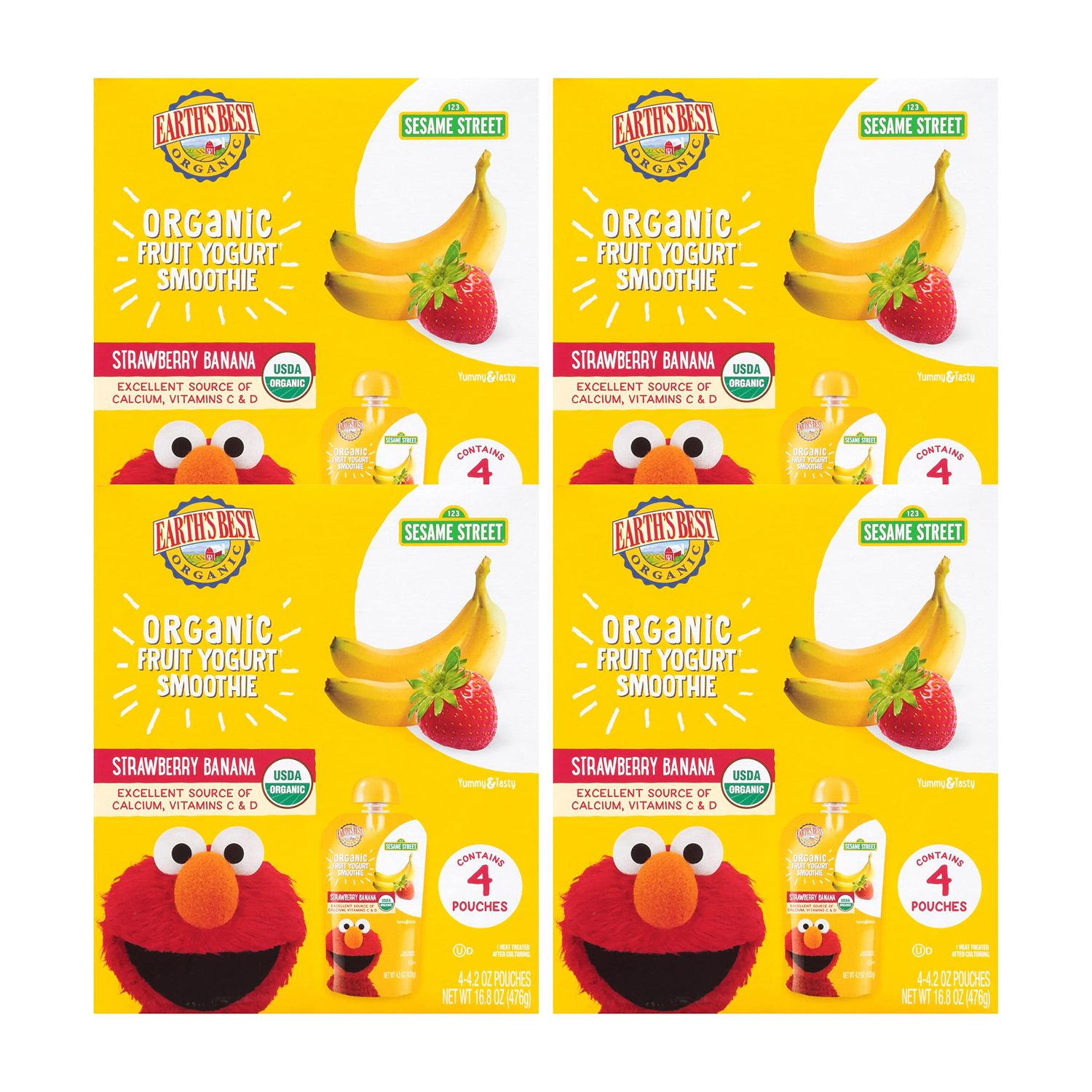 Earth&#39;s Best Organic Kids Snacks, Sesame Street Toddler Snacks, Organic Fruit Yogurt Smoothie for Toddlers 2 Years and Older, Strawberry Banana, 4.2 oz Resealable Pouch (Pack of 16)