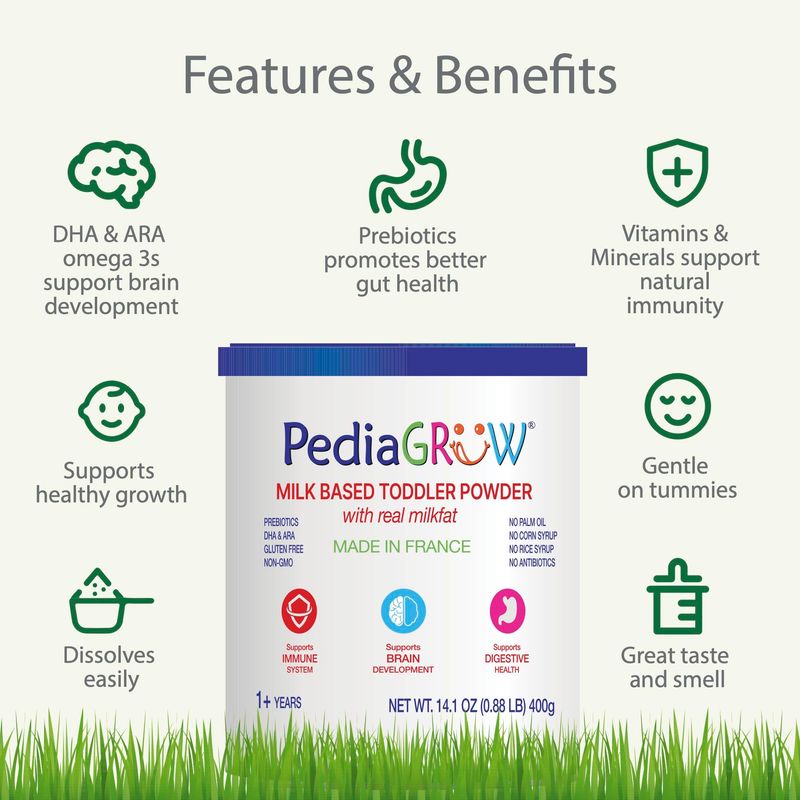 PediaGROW Toddler Nutritional Milk Powder, Grass-Fed French Milk, High DHA  Iron, Natural Prebiotics for Growth  Immune Support, Non-GMO, Gluten-Free, Toddler Nutritional Drink, Ages 1 Years