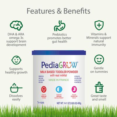 PediaGROW Toddler Nutritional Milk Powder, Grass-Fed French Milk, High DHA Iron, Natural Prebiotics for Growth Immune Support, Non-GMO, Gluten-Free, Toddler Nutritional Drink, Ages 1 Years