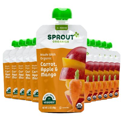 Sprout Organic Baby Food, Stage 2 Pouches, Fruit  Veggie Blend, Carrot Apple Mango, 3.5 Oz Purees (Pack of 12)