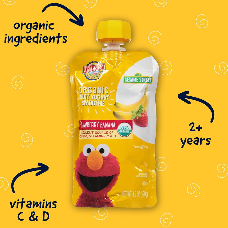 Earth's Best Organic Kids Snacks, Sesame Street Toddler Snacks, Organic Fruit Yogurt Smoothie for Toddlers 2 Years and Older, Strawberry Banana, 4.2 oz Resealable Pouch (Pack of 16)