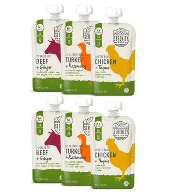 Serenity Kids 6 Months Baby Food Pouches Puree Made with Ethically Sourced Meats  Organic Veggies - 3.5 Ounce BPA-Free Pouch - Meats  Herbs Baby Puree Variety Pack - 6 Count - Baby Meat Pouches