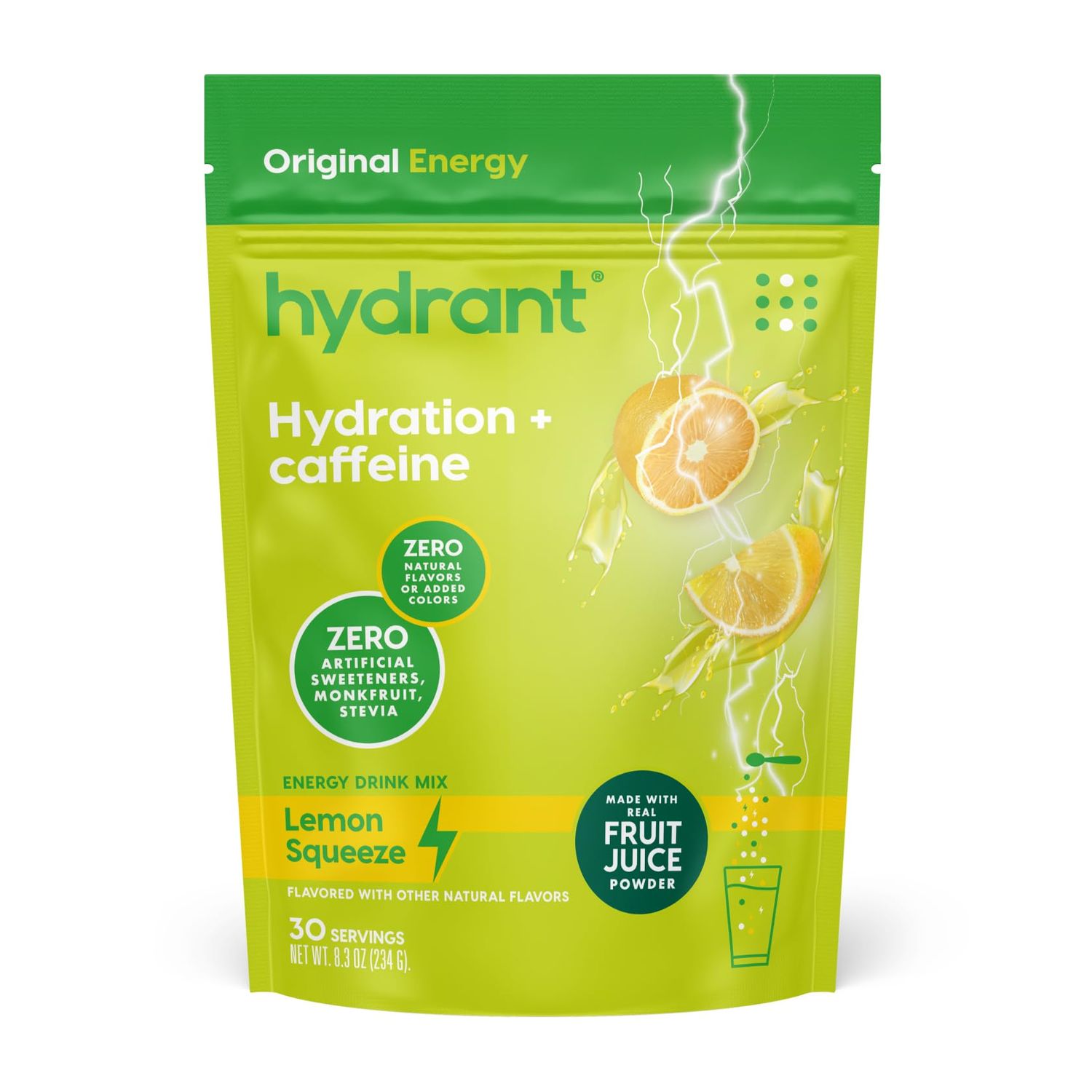 HYDRANT Energy Bulk Electrolyte Drink Mix, Caffeine  L-Theanine Rapid Hydration Mix with Real Fruit Juice Powder, Sweetened with Cane Sugar (30 Servings, Lemon Squeeze)
