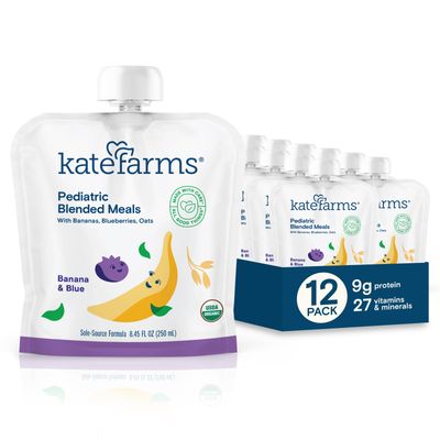 KATE FARMS Organic Pediatric Blended Meal, Bananas and Blueberries, 8g protein, organic whole foods, oral or tube feed nutrition, Gluten Free, Non-GMO, 8.45 oz (12 Pack)