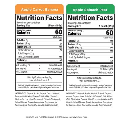 Little Brainiac Variety Pack Organic Fruit Veggie Snack Brain Boosting Toddler Pouches, Two Flavor Variety Pack, with Omega-3s DHAEPA and Choline, Clean Label, BPA-Free, Non-GMO, 3.5 oz, Pack of 12